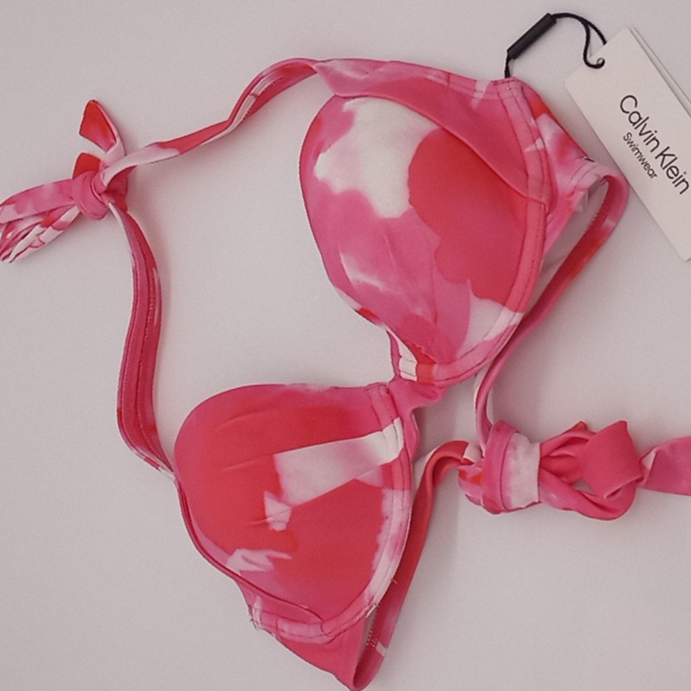 Calvin Klein Printed Pleated Convertible Underwire Bikini Top Pink Water S